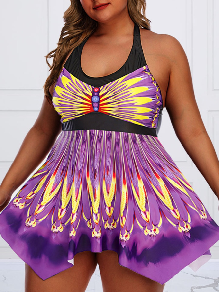 

Lovely Plus Size Boho Print Flounce Design Multicolor One-piece Swimsuit, Multi