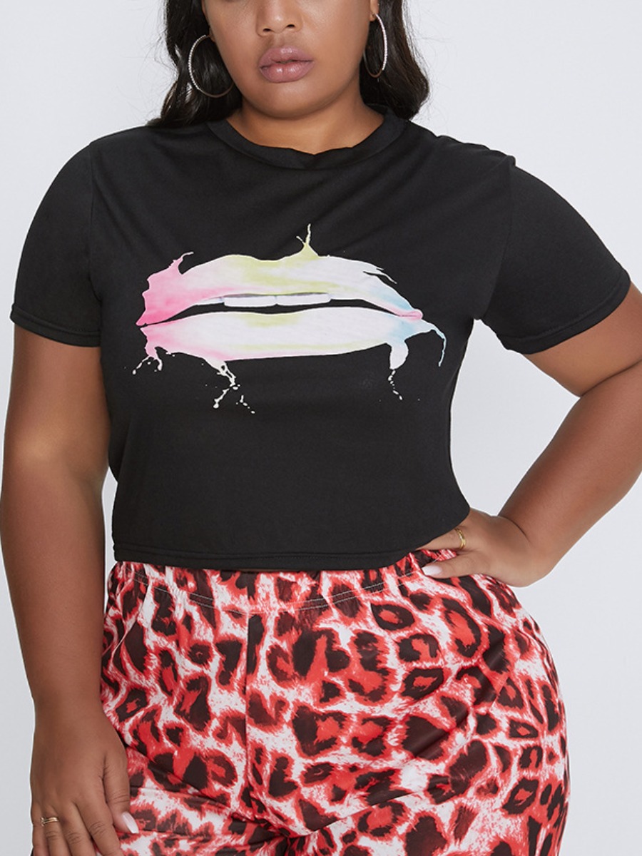 

Lovely Casual O Neck Lip Print Black Plus Size T-shirt
