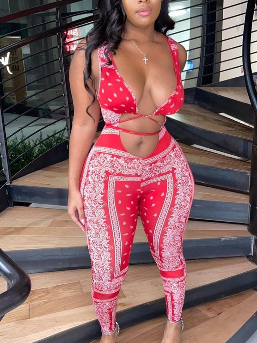 

Lovely Sexy Cashew Print Bandage Hollow-out Design Red One-piece Jumpsuit