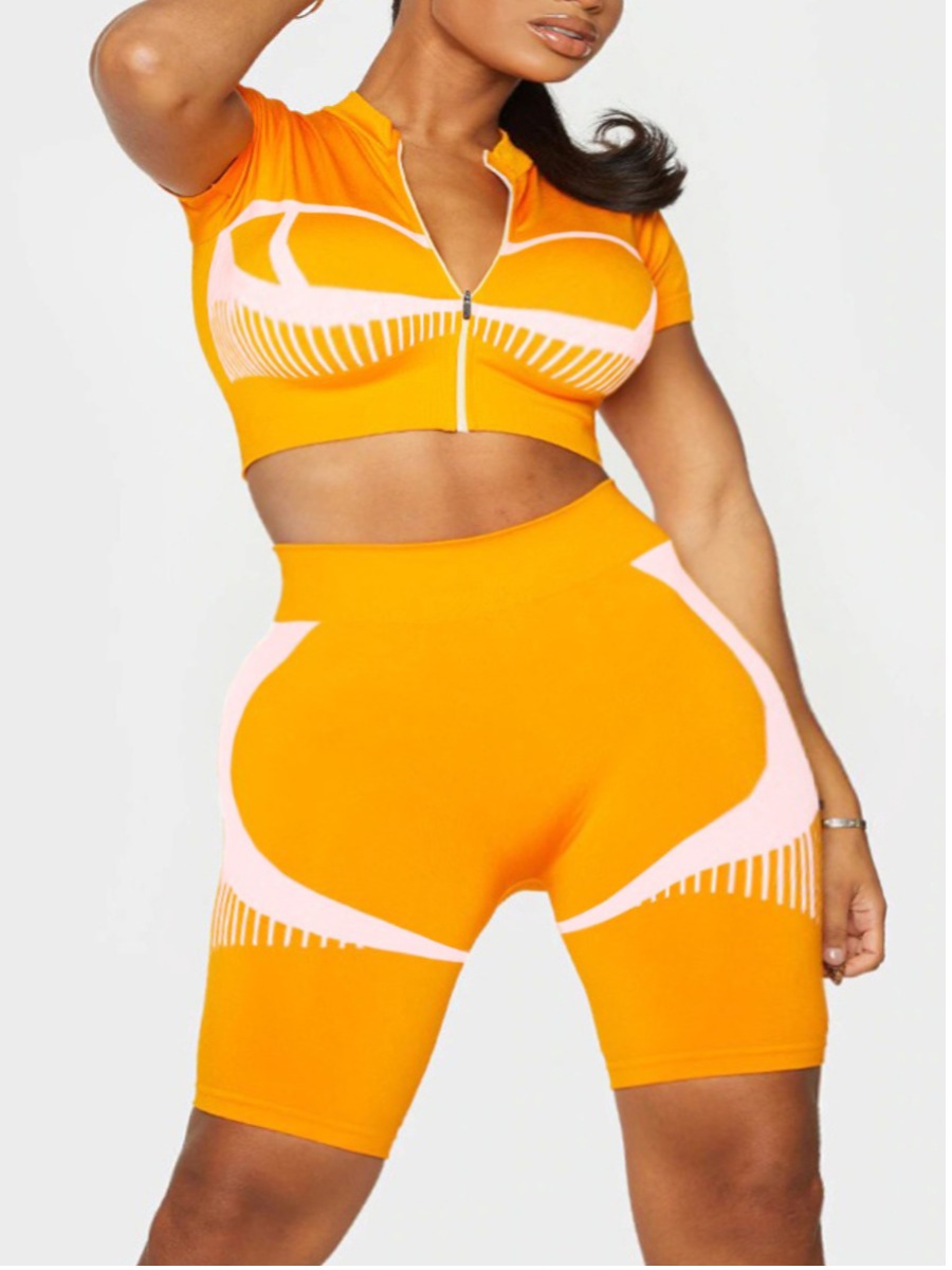 

Lovely Sporty Print Patchwork Orange Two Piece Shorts Set