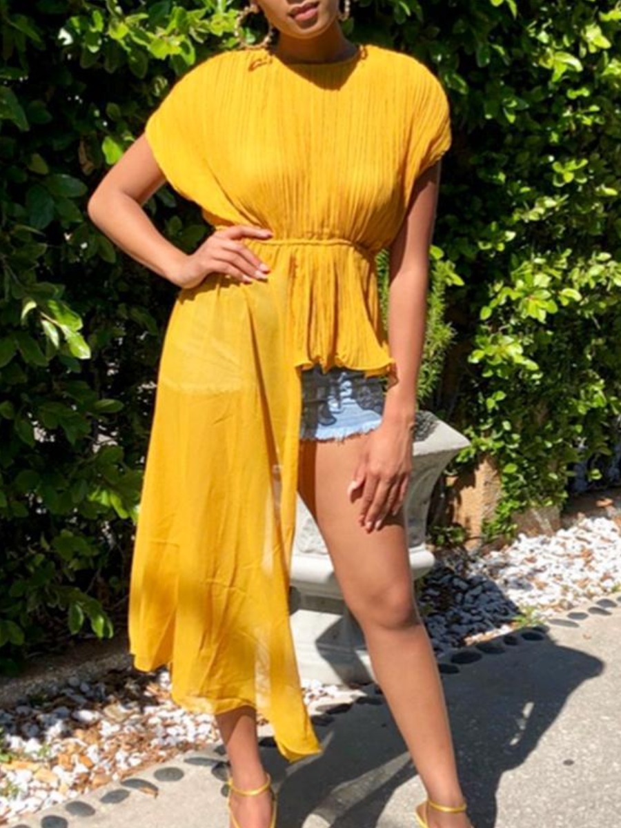 

Lovely Casual Fold Design Asymmetrical Yellow T-shirt