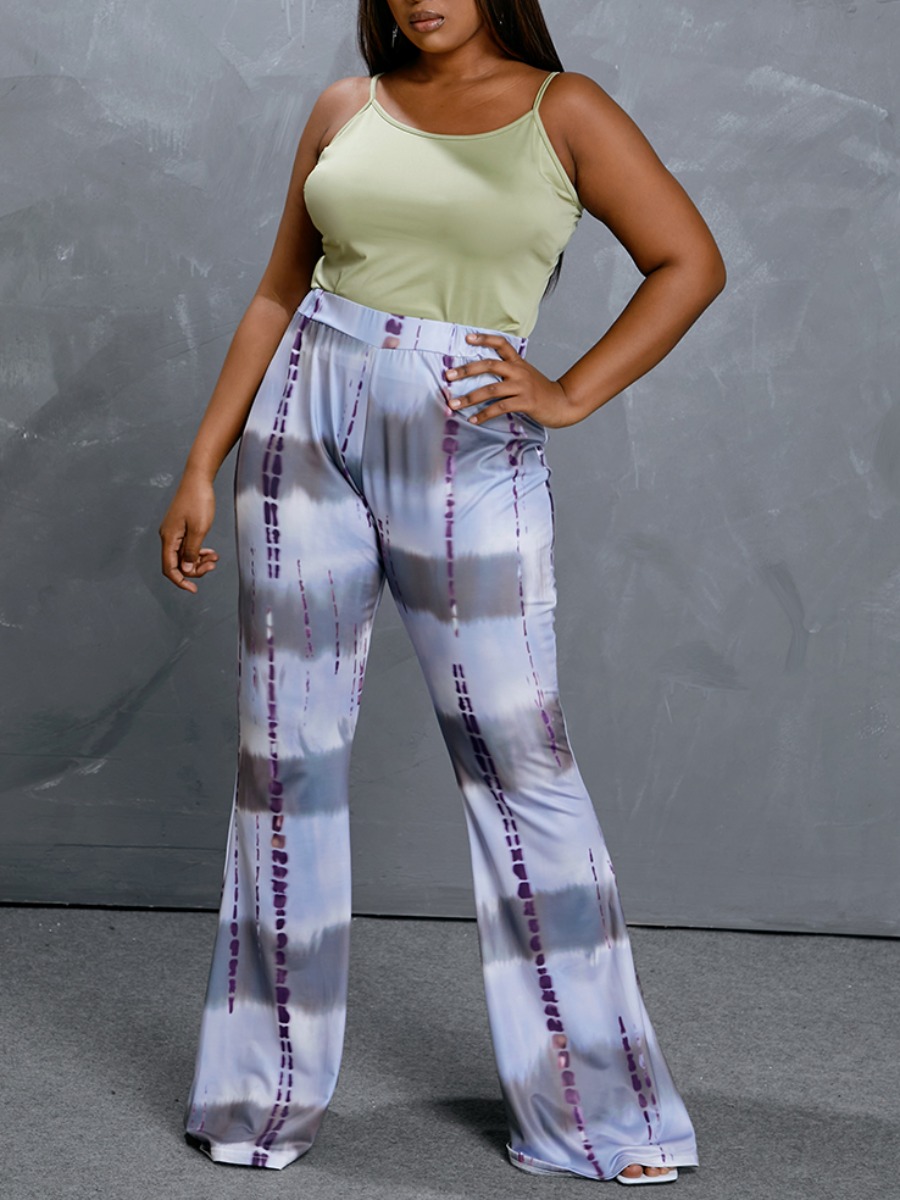 

Lovely Plus Size Street U Neck Tie-dye Flared Grey Two-piece Pants Set