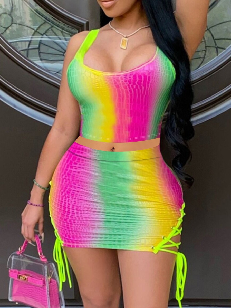 

Lovely Sweet Tie Dye Bandage Hollow-out Design Green Two Piece Skirt Set