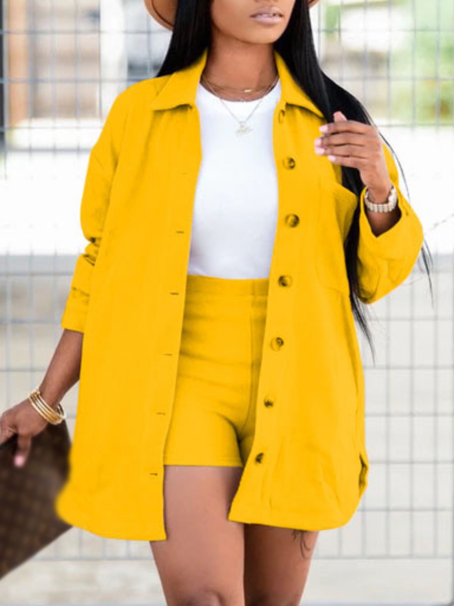 

Lovely Trendy Turndown Collar Button Design Yellow Two Piece Shorts Set