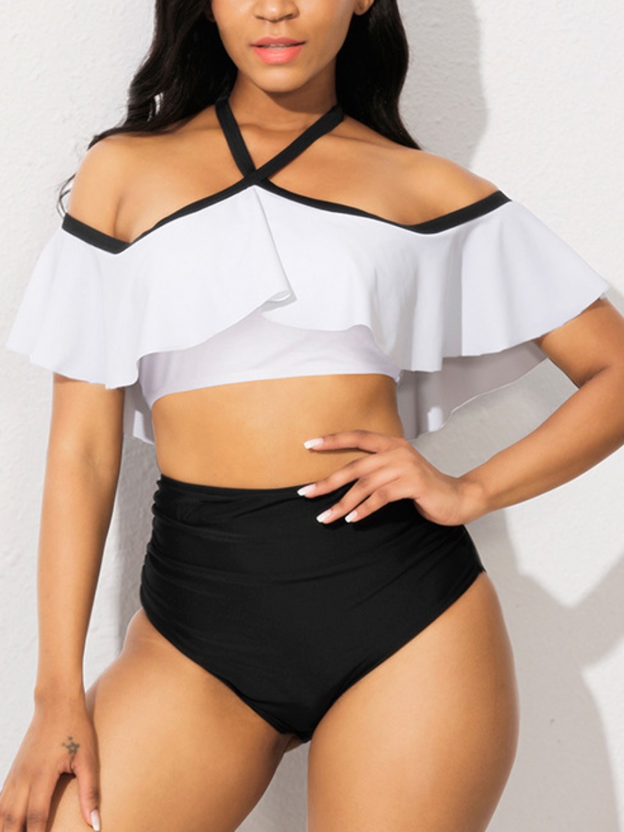 

Lovely Boho Off The Shoulder Flounce Design White Tankini