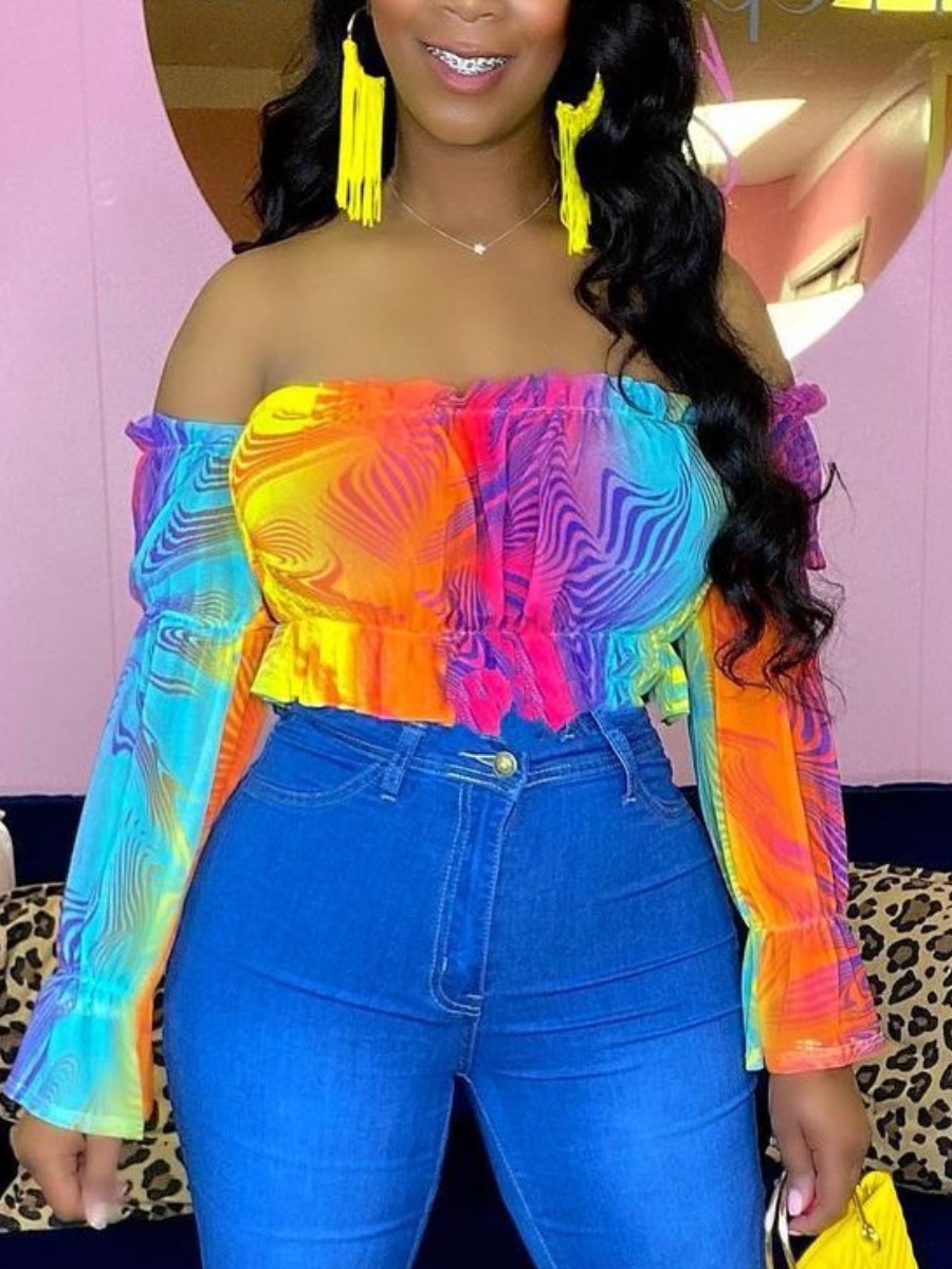 

LW Street Off The Shoulder Tie-dye Ruffle Design Multicolor Blouse, Multi