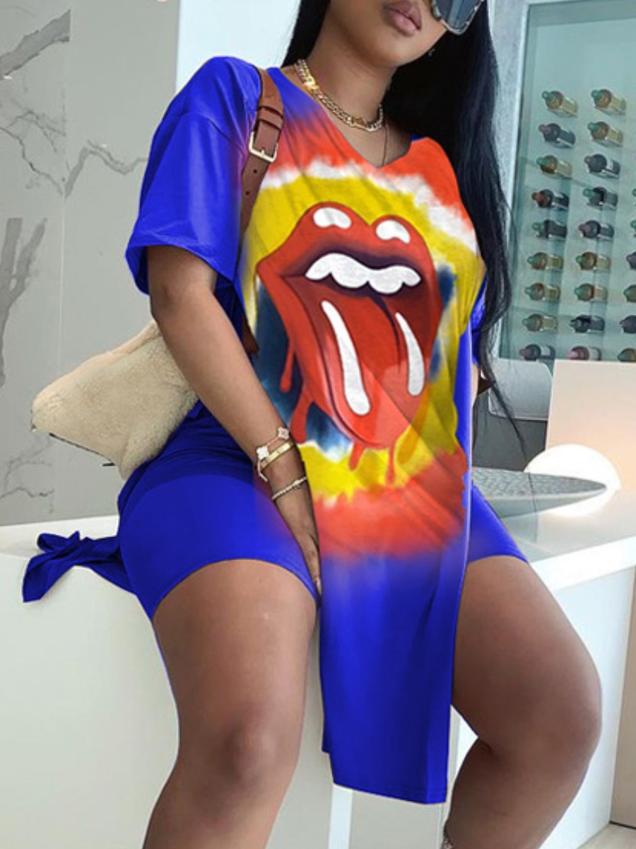 

Lovely Casual Lip Print Split Blue Two Piece Shorts Set