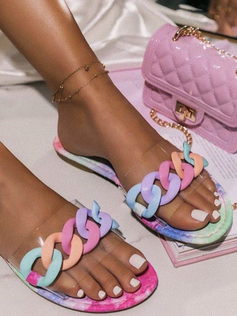 

LW Casual See-through Chain Decoration Multicolor Slippers, Multi