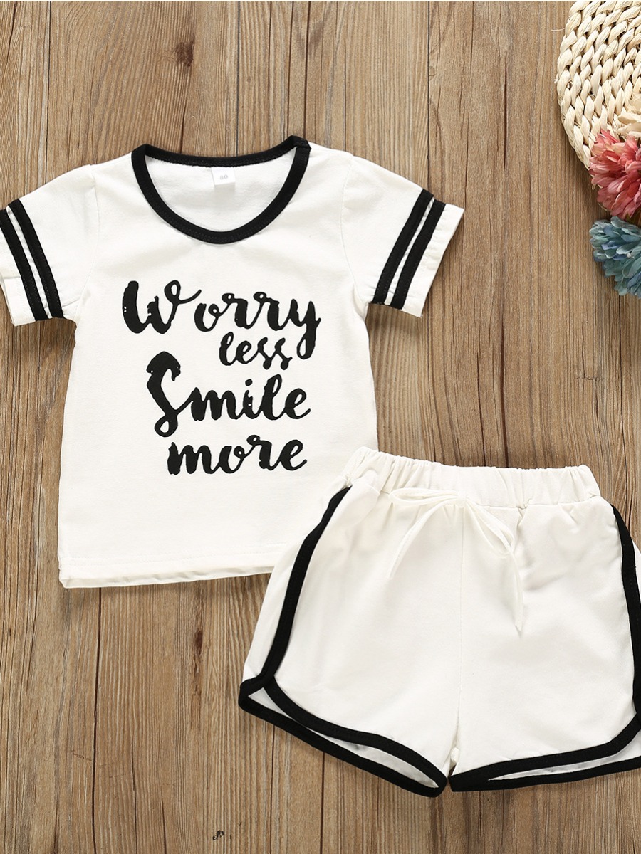 

Lovely Girl Sporty Letter Print Striped White Two Piece Shorts Set