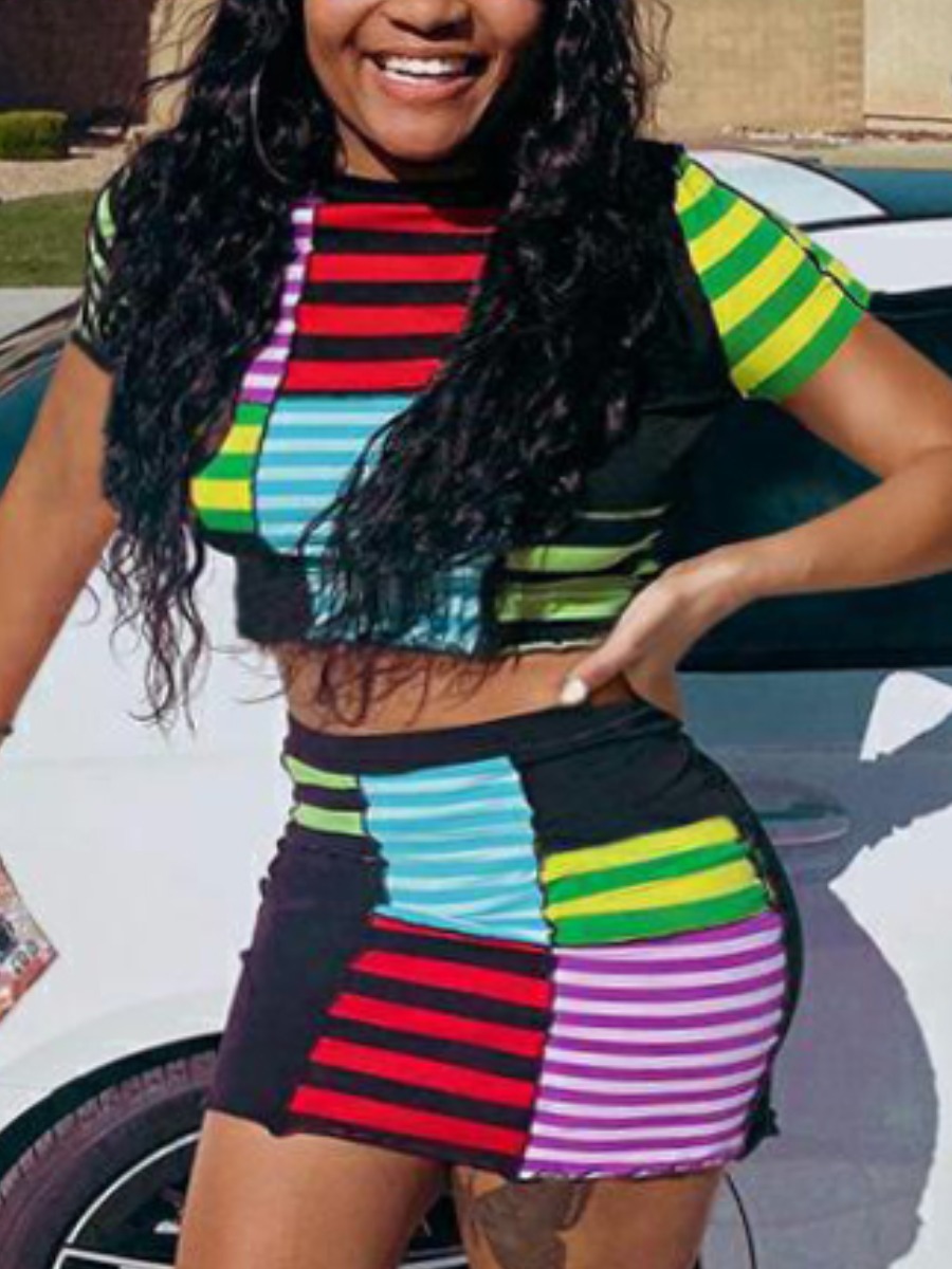 

Lovely Casual Striped Patchwork Red Two Piece Skirt Set