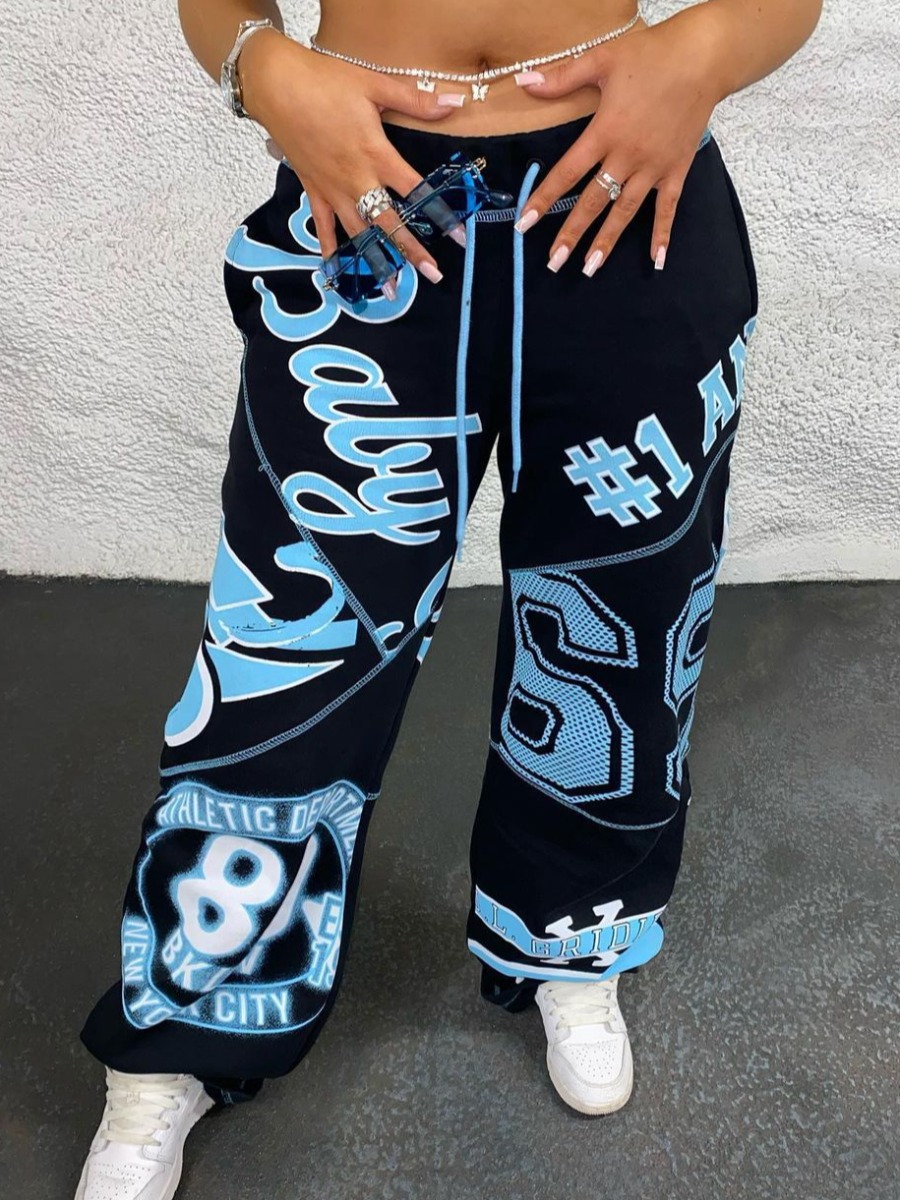 

Lovely Street Letter Print Drawstring Black Pants