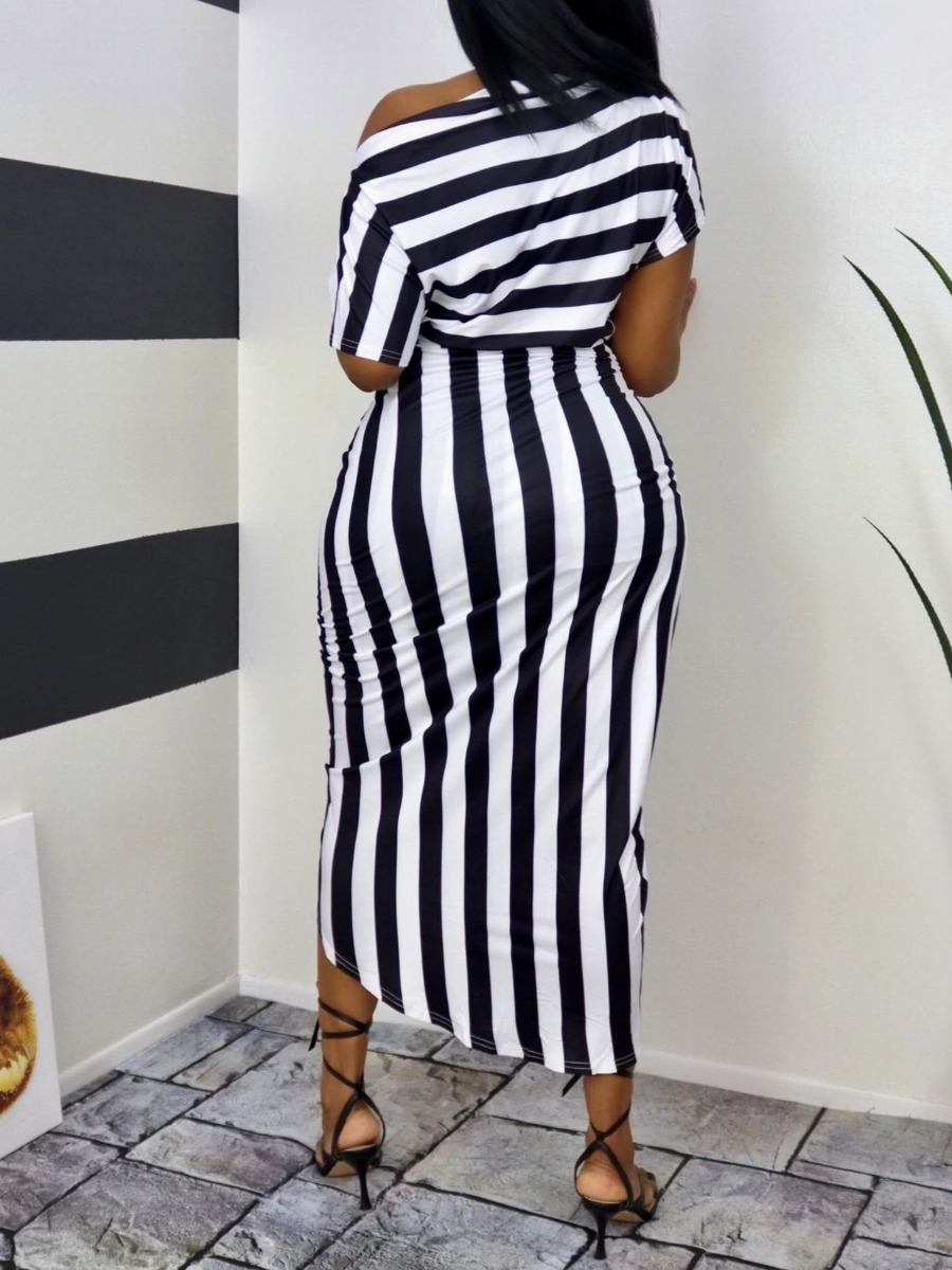 Lovely Casual Boat Neck Striped Fold Design Black Mid Calf Plus Size Dress