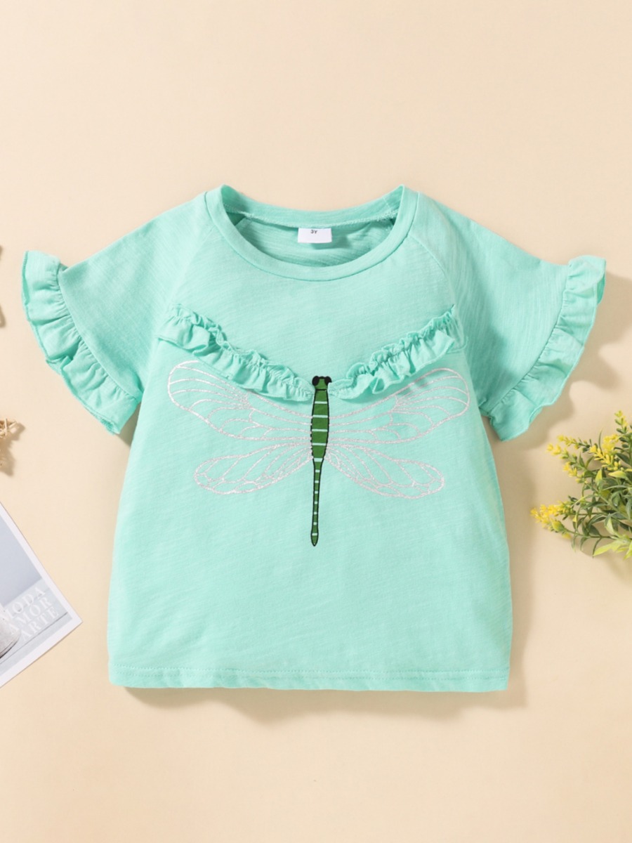 

Lovely Girl Casual O Neck Flounce Design Green T-shirt