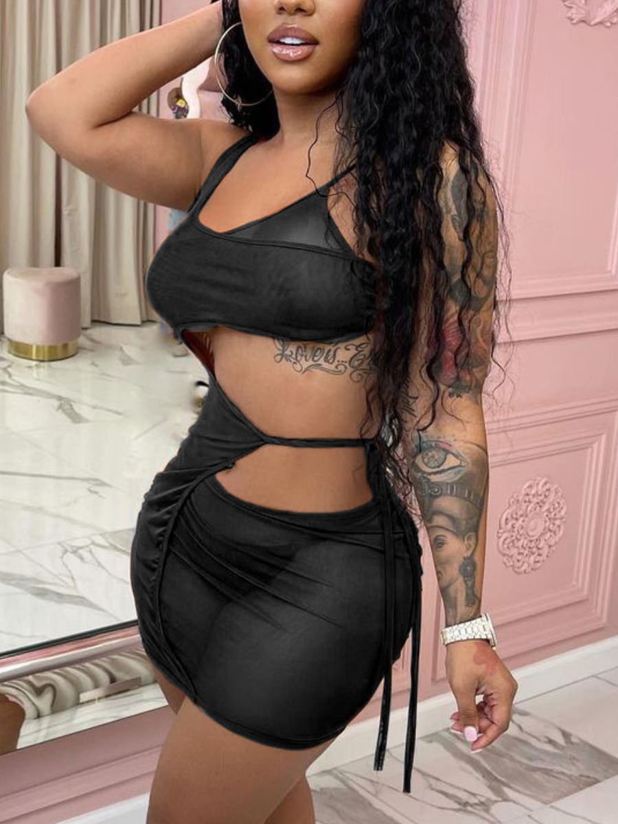 

Lovely Sexy See-through Bandage Hollow-out Design Black Mini Dress
