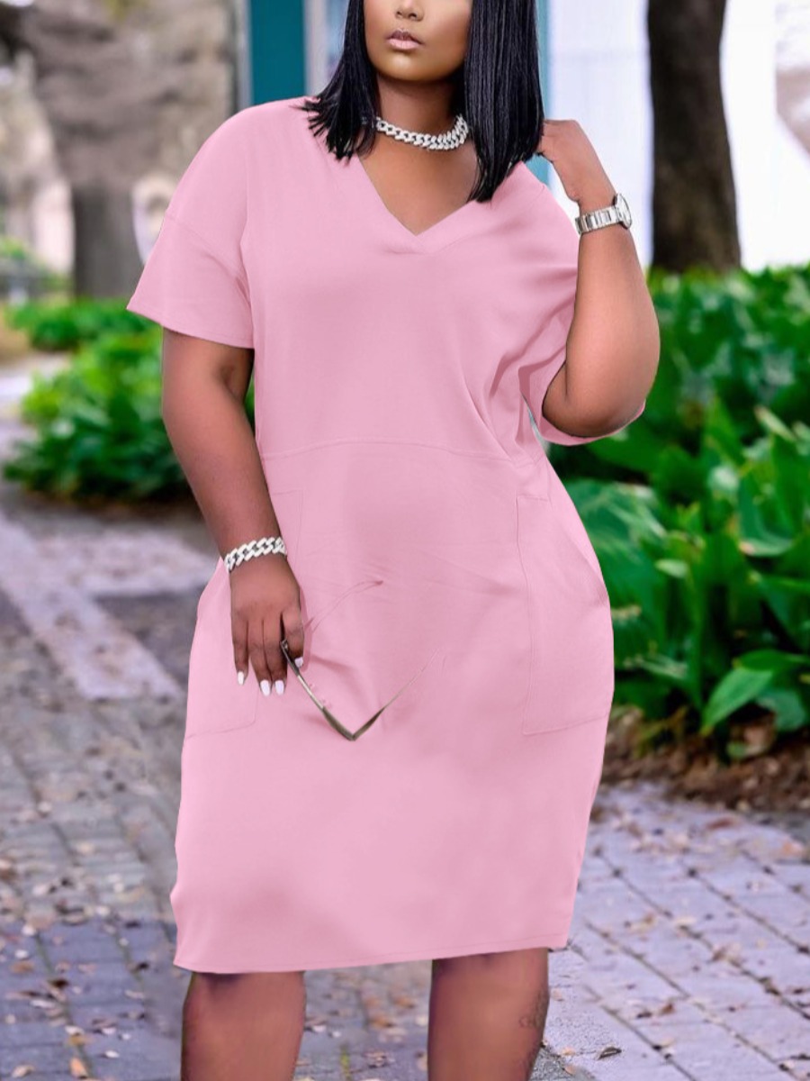 

LW Casual V Neck Pocket Design Pink Knee Length Dress