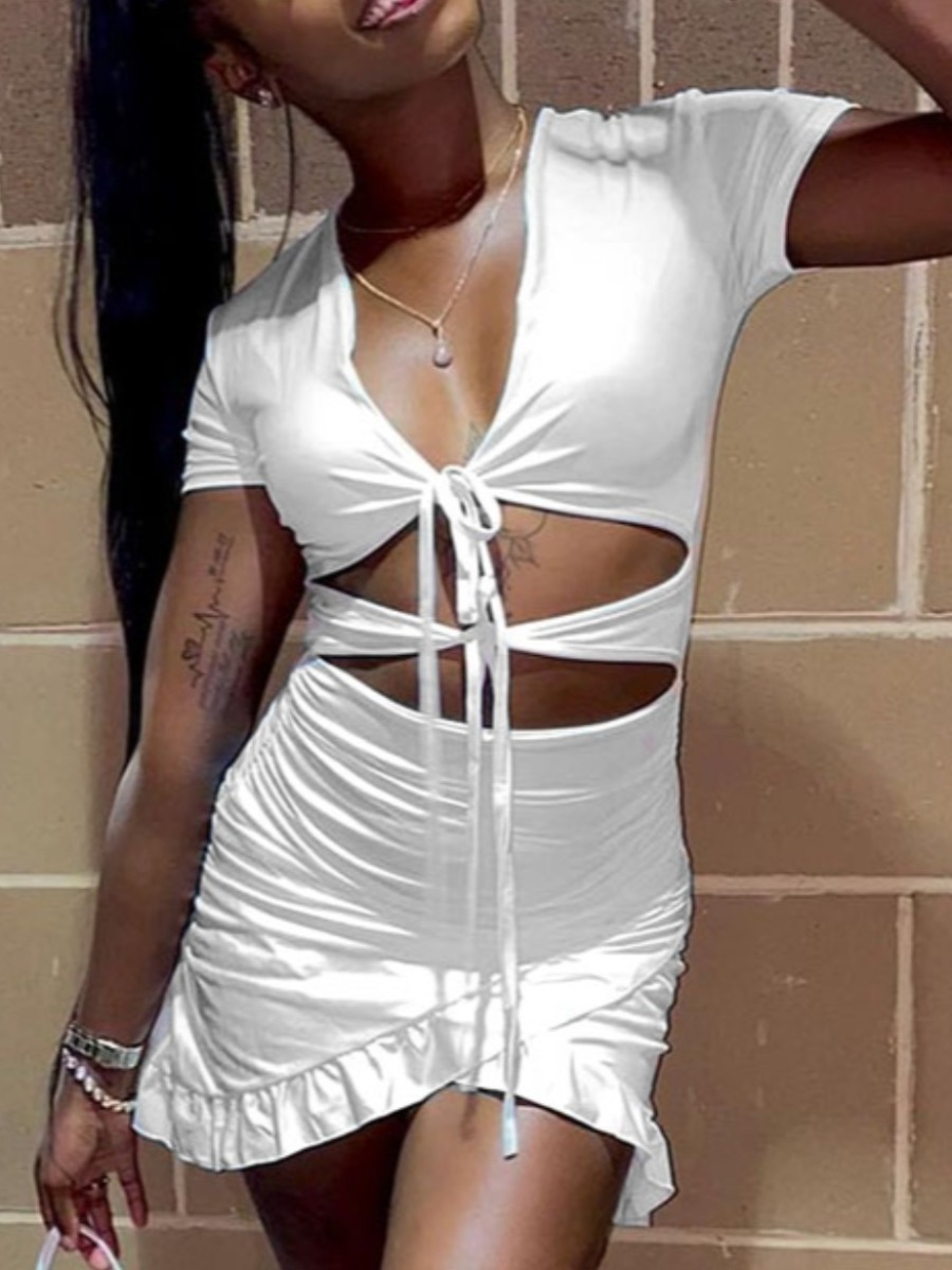 

Lovely Street Flounce Bandage Hollow-out Design White Mini Dress