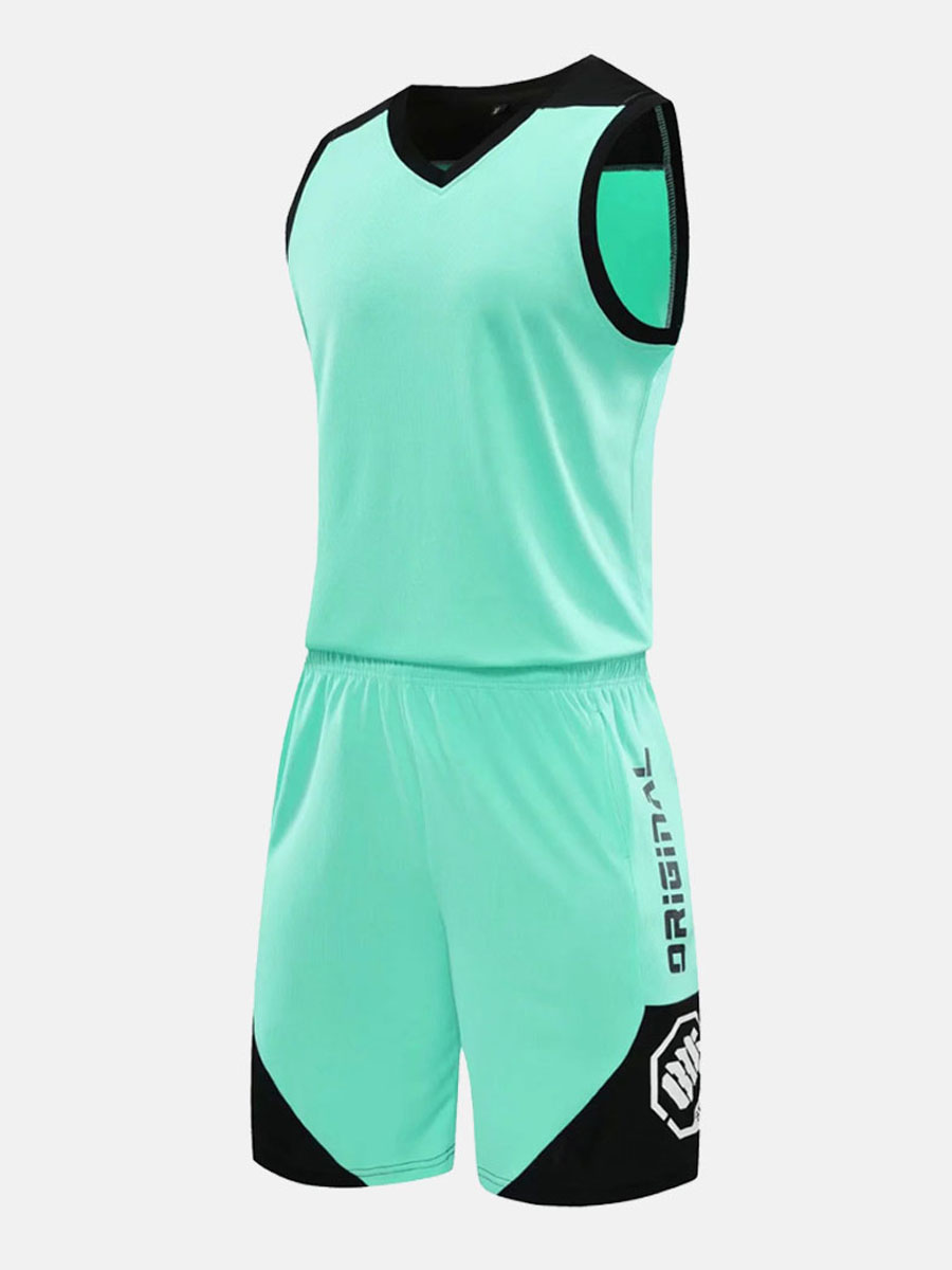 

Lovely Men Sporty V Neck Letter Print Light Green Two Piece Shorts Set