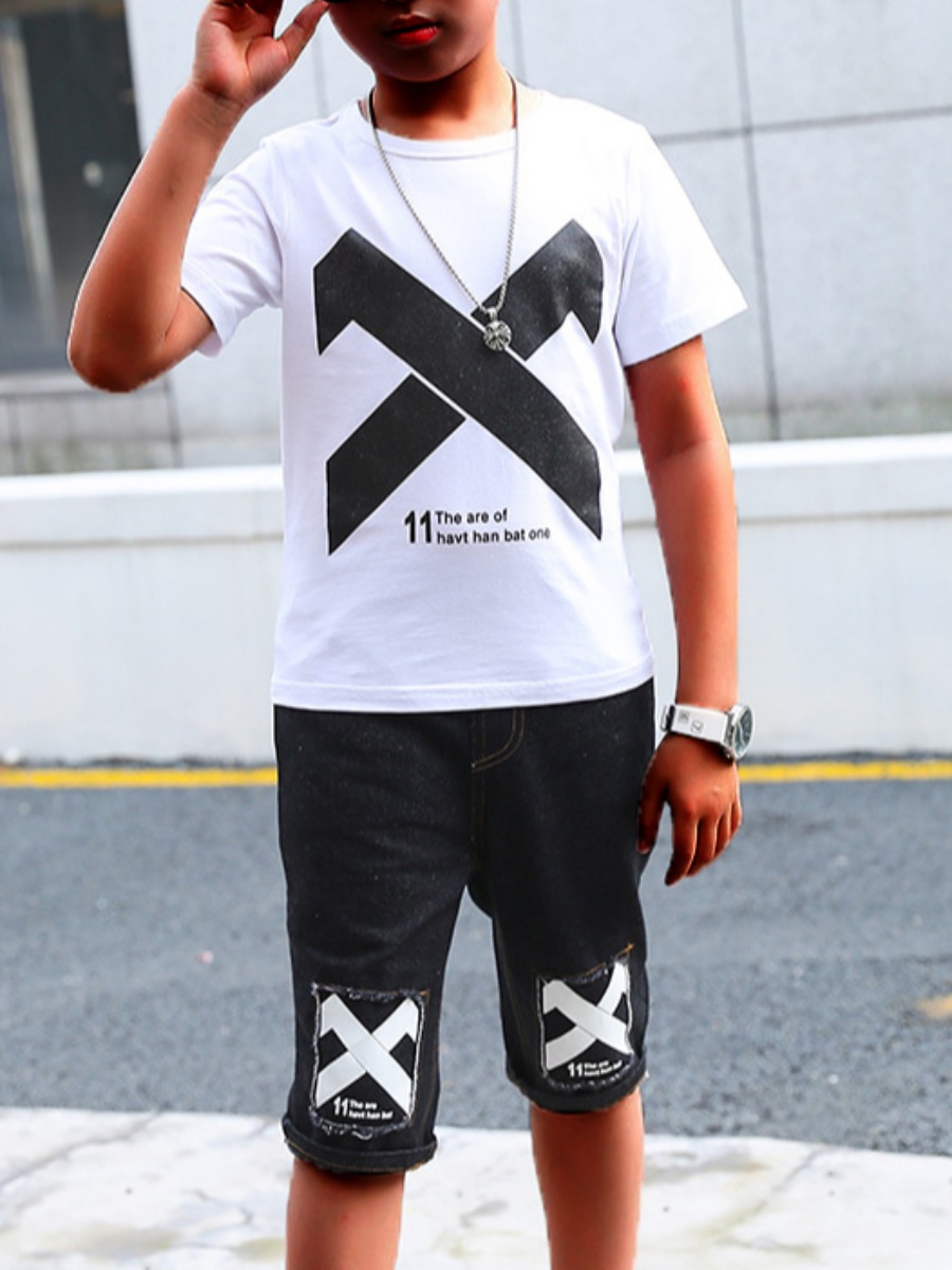

Lovely Boy Casual O Neck Letter Print White Two Piece Shorts Set