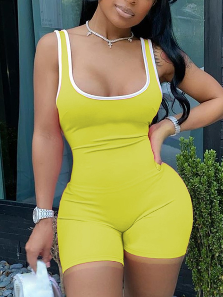 

Lovely Plus Size Sporty U Neck Basic Skinny Yellow One-piece Romper