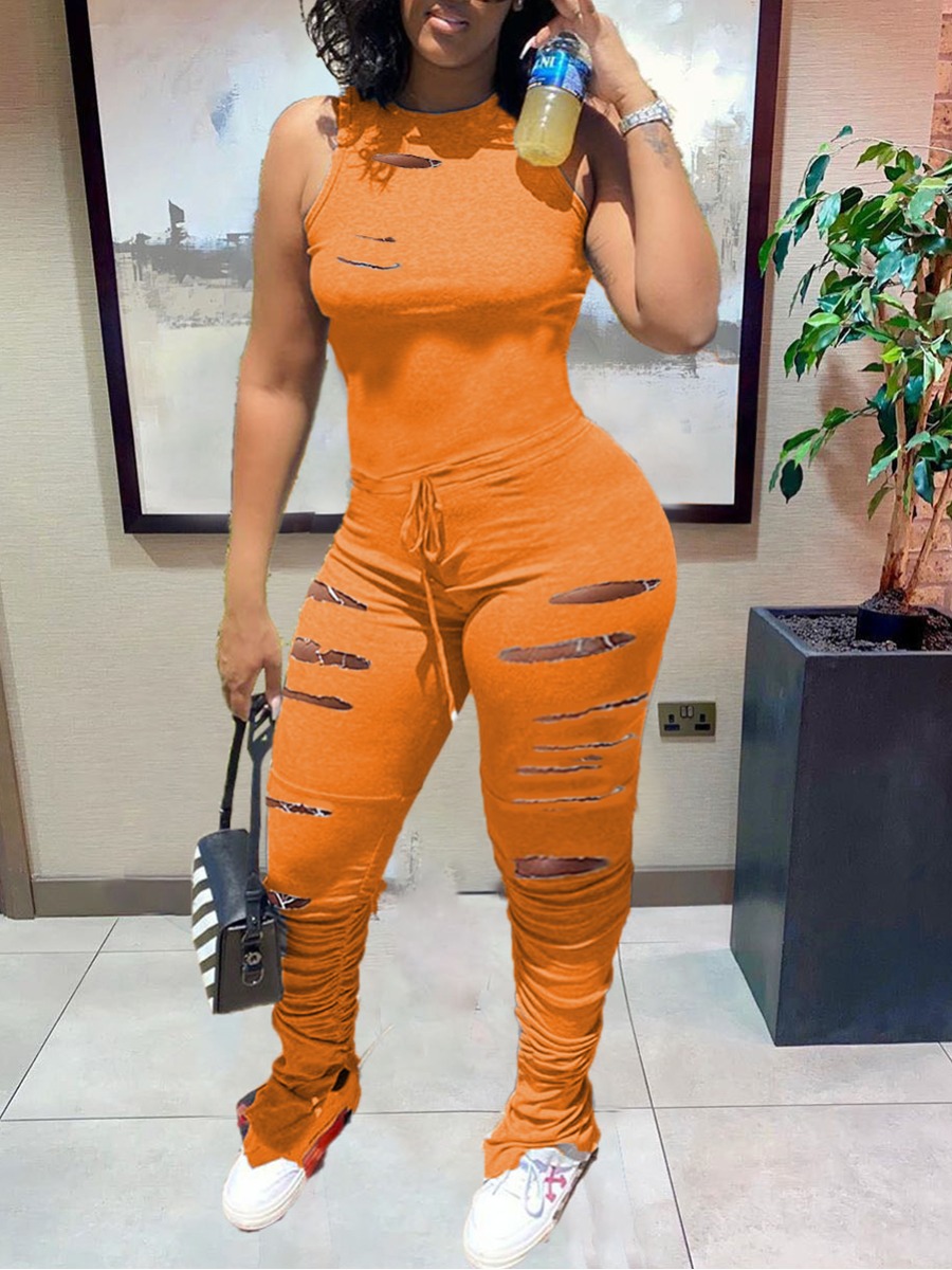 

Lovely Street Ripped Fold Design Drawstring Jacinth Plus Size One-piece Jumpsuit