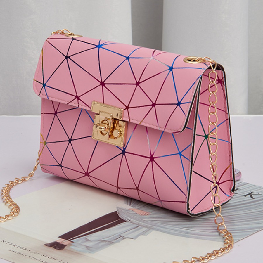 

LW Geometric Print Metallic Lock Crossbody Bag, Pink