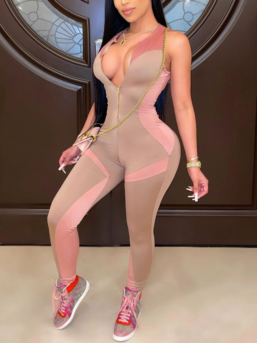 

LW Sporty Zipper Design Color-lump Patchwork Khaki One-piece Jumpsuit