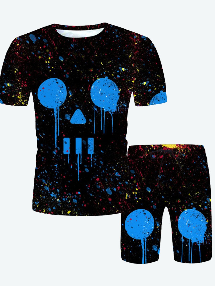 

Lovely Men Casual O Neck Splash Ink Print Black Two Piece Shorts Set
