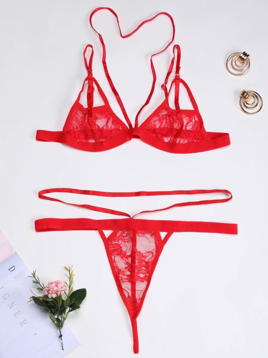 

Lovely Sexy See-through Bandage Design Red Bra Set