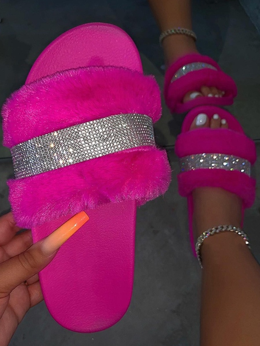 

Lovely Casual Sequined Fluffy Rose Red Slippers