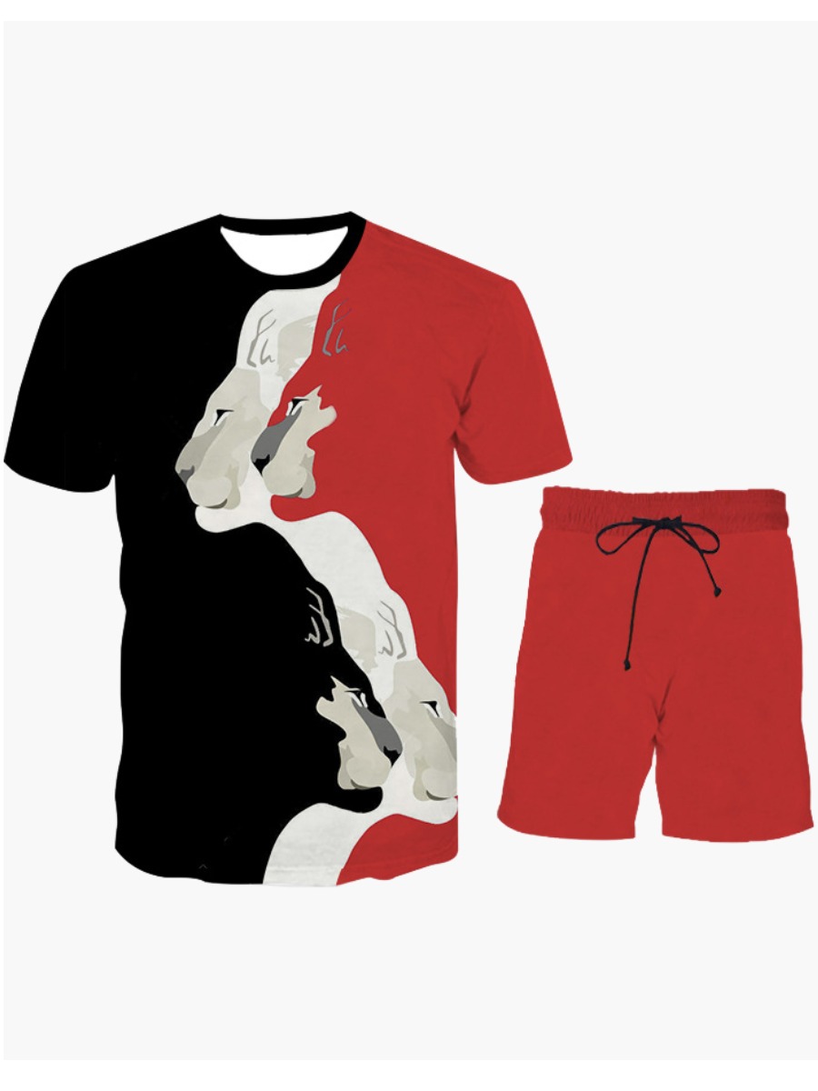 

LW Men Casual Animal Print Drawstring Red Two Piece Shorts Set