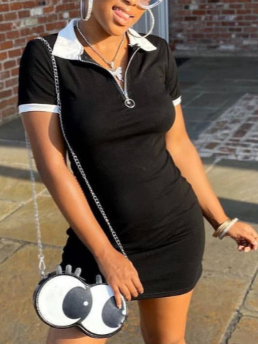 

Lovely Casual Turndown Collar Patchwork Black Mini Dress