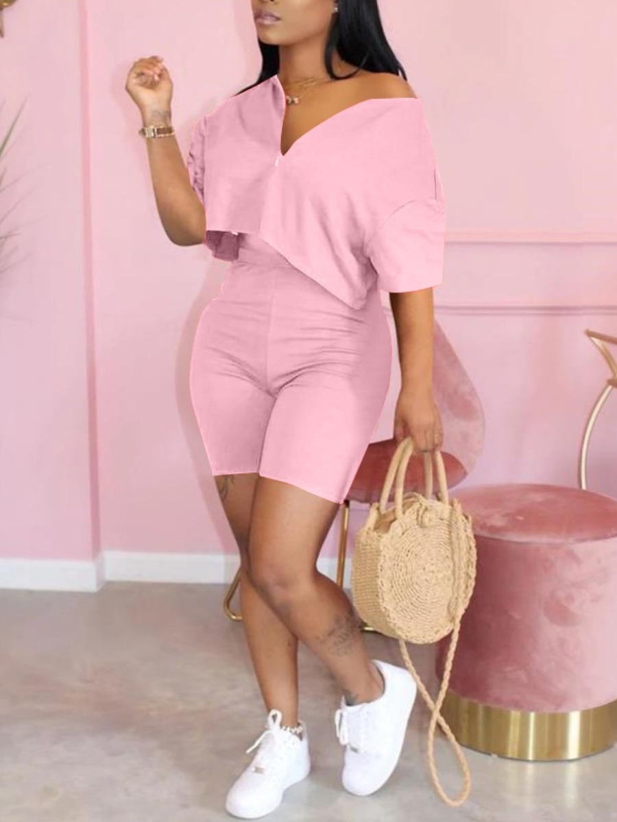 LW Casual V Neck Elastic Pink Two Piece Shorts Set