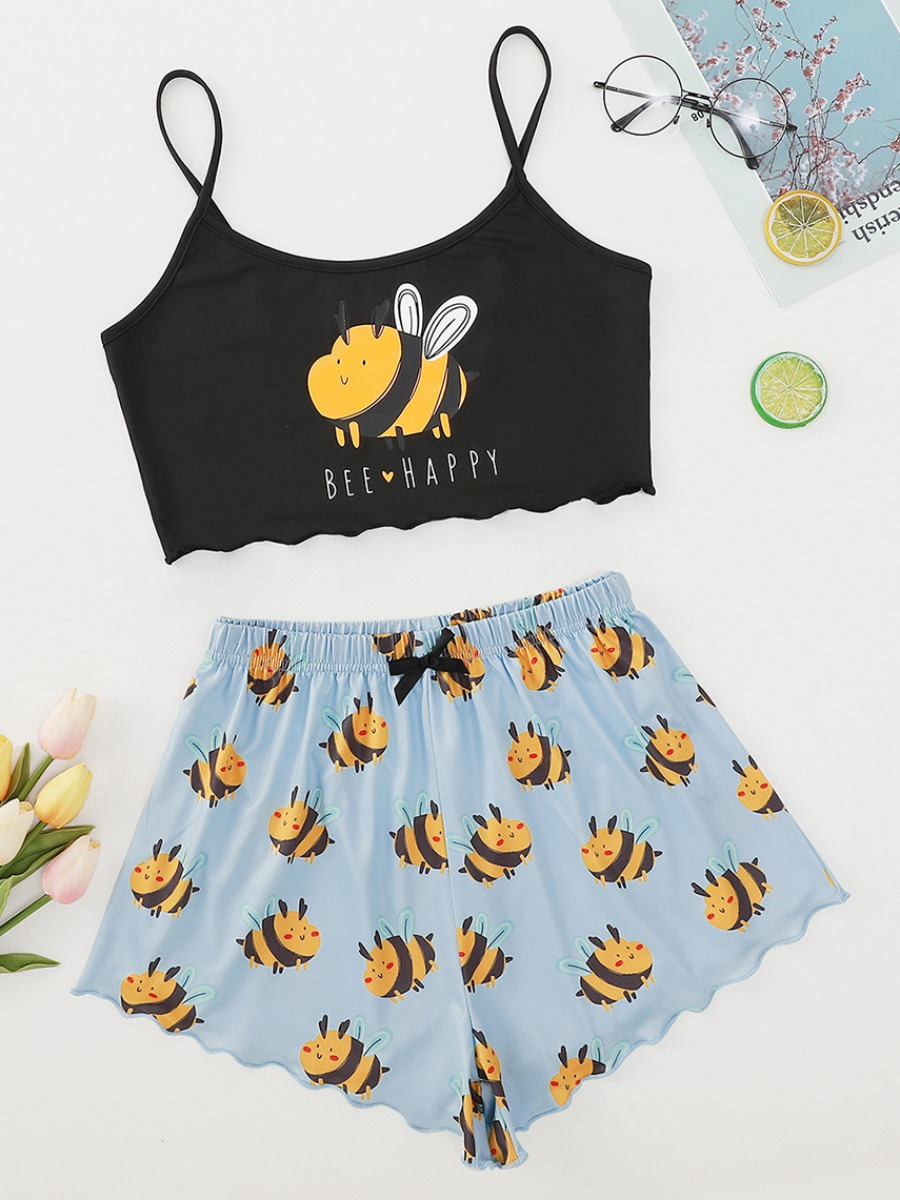 

Lovely Casual Bee Letter Print Black Sleepwear