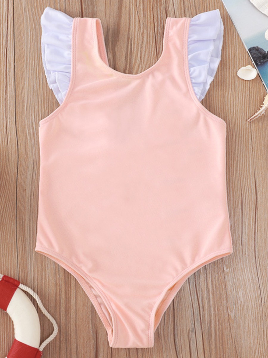 

Lovely Girl Sweet Flounce Design Bow-tie Decoration Pink One-piece Swimsuit