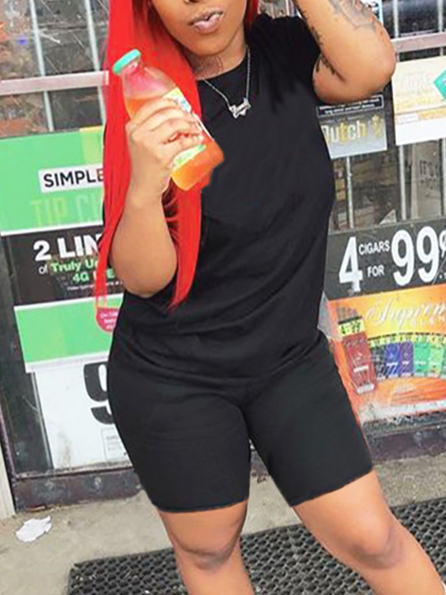 

Lovely Plus Size Casual O Neck Elastic Black Two-piece Shorts Set