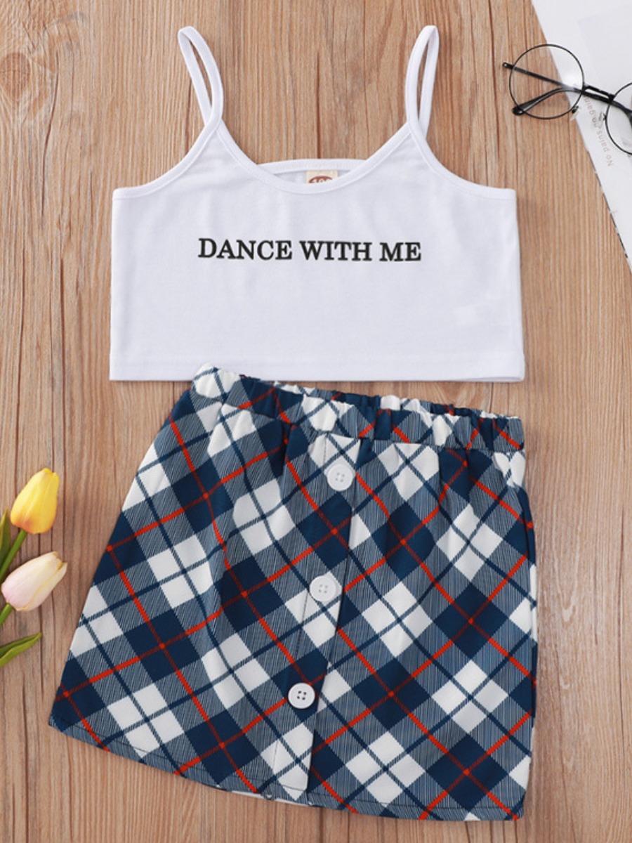 

Lovely Girl Casual Plaid Letter Print White Two Piece Skirt Set