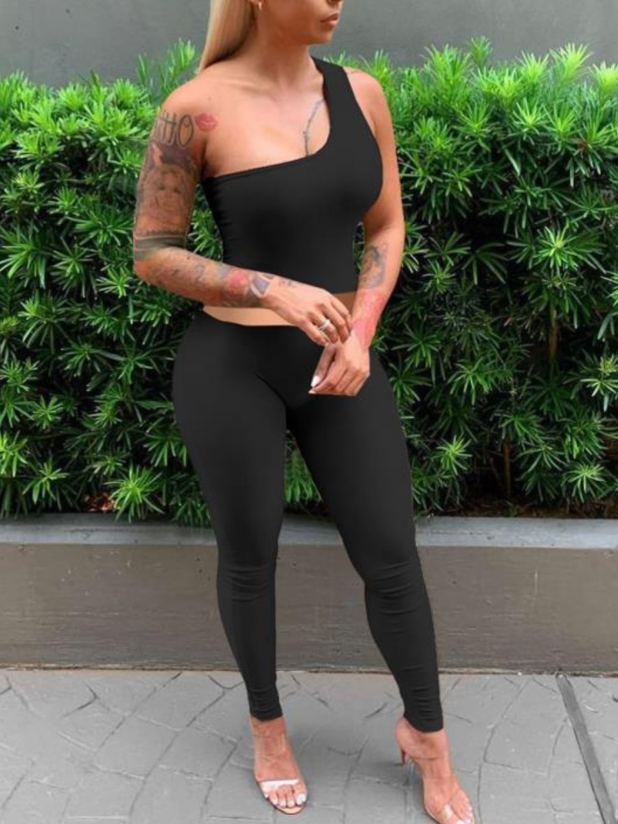 

Lovely Casual One Shoulder Basic Skinny Black Two Piece Pants Set