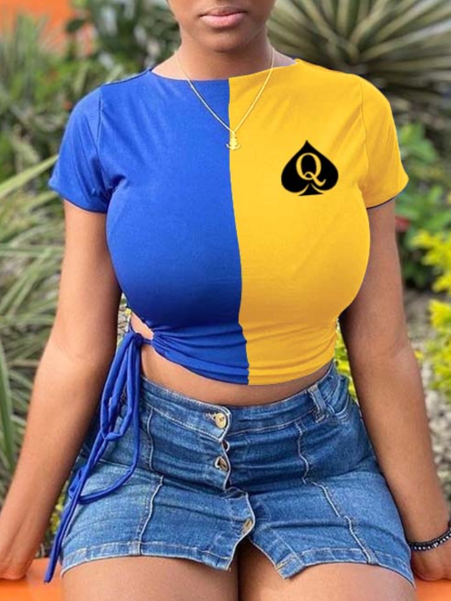 

Lovely Casual Bandage Design Patchwork Blue T-shirt