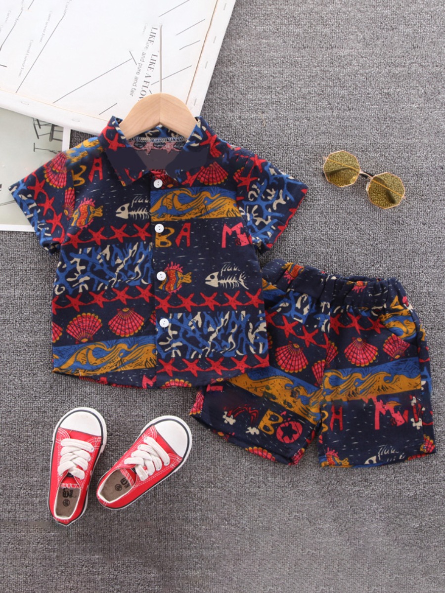 

Lovely Boy Casual Print Patchwork Deep Blue Two Piece Shorts Set
