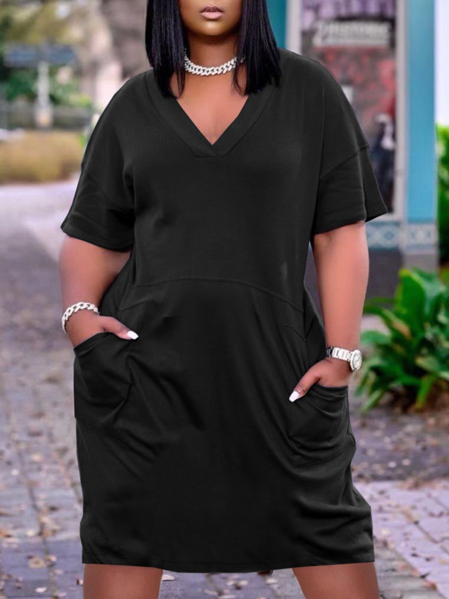 

LW BASICS Plus Size Casual V Neck Pocket Design Black Knee Length Dress