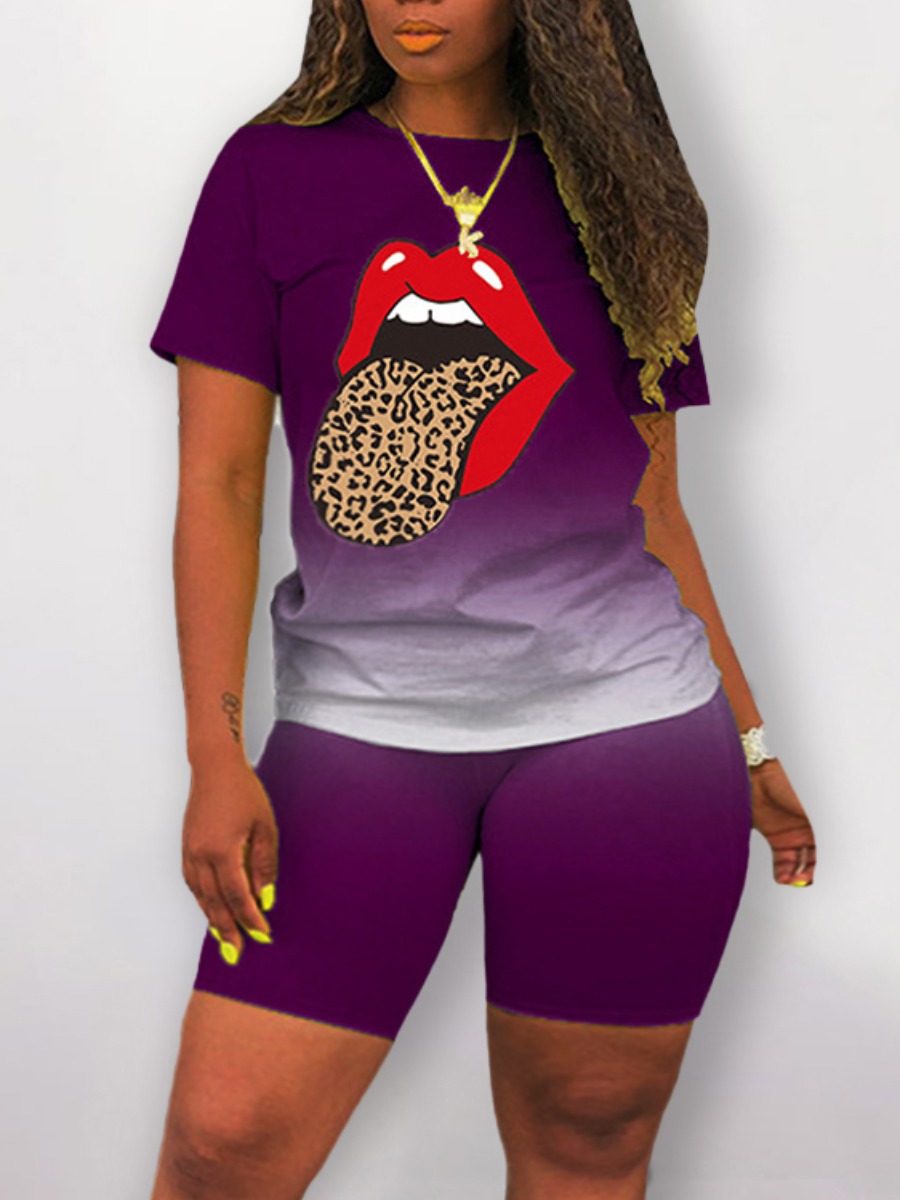 

Lovely Plus Size Casual O Neck Lip Print Purple Two-piece Shorts Set