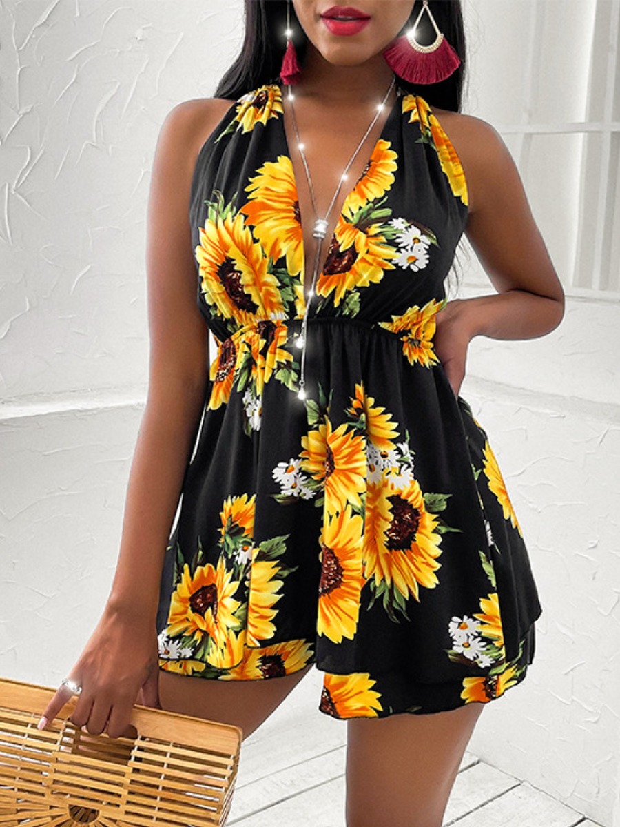 

Lovely Boho Floral Print Backless Flounce Design Black Mini Dress