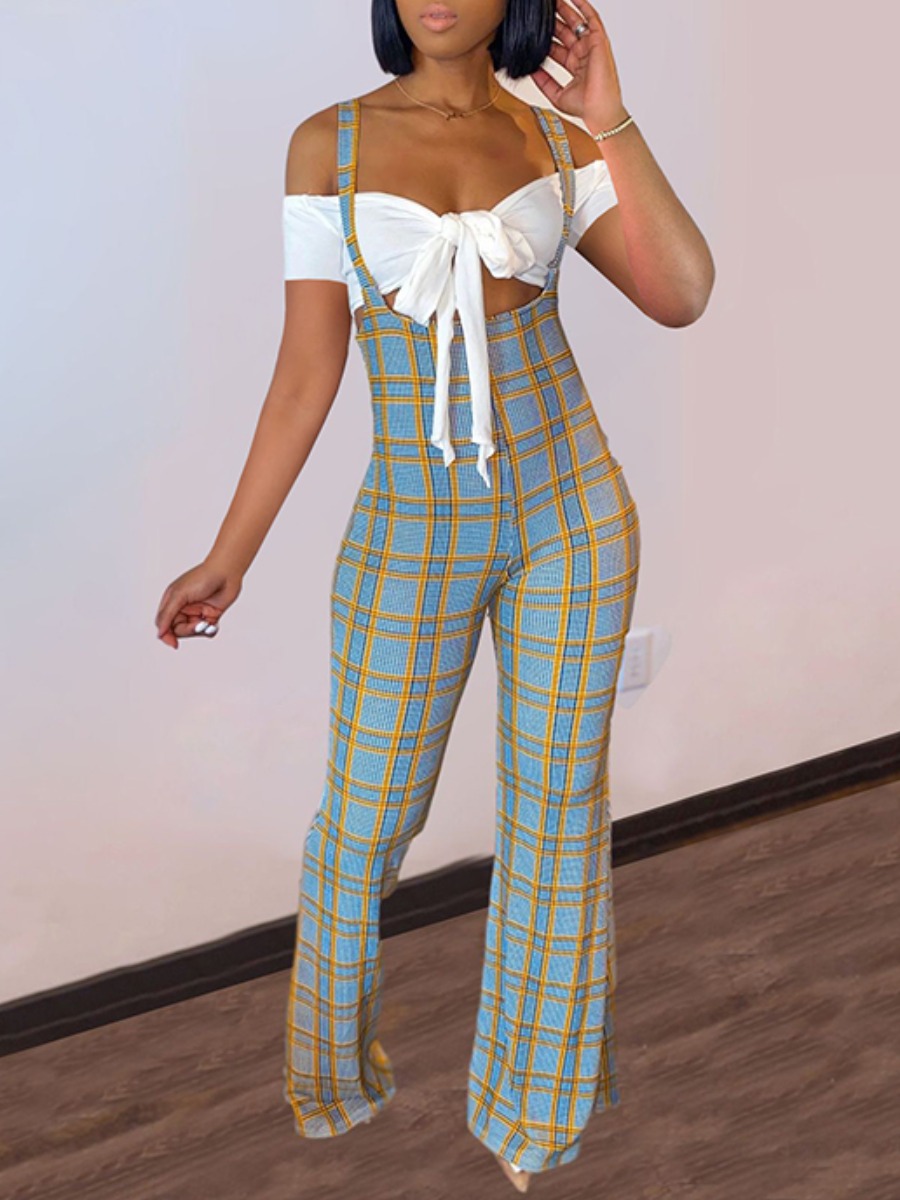 

Lovely Sweet Plaid Print Bandage Design Suspender Blue Two Piece Pants Set