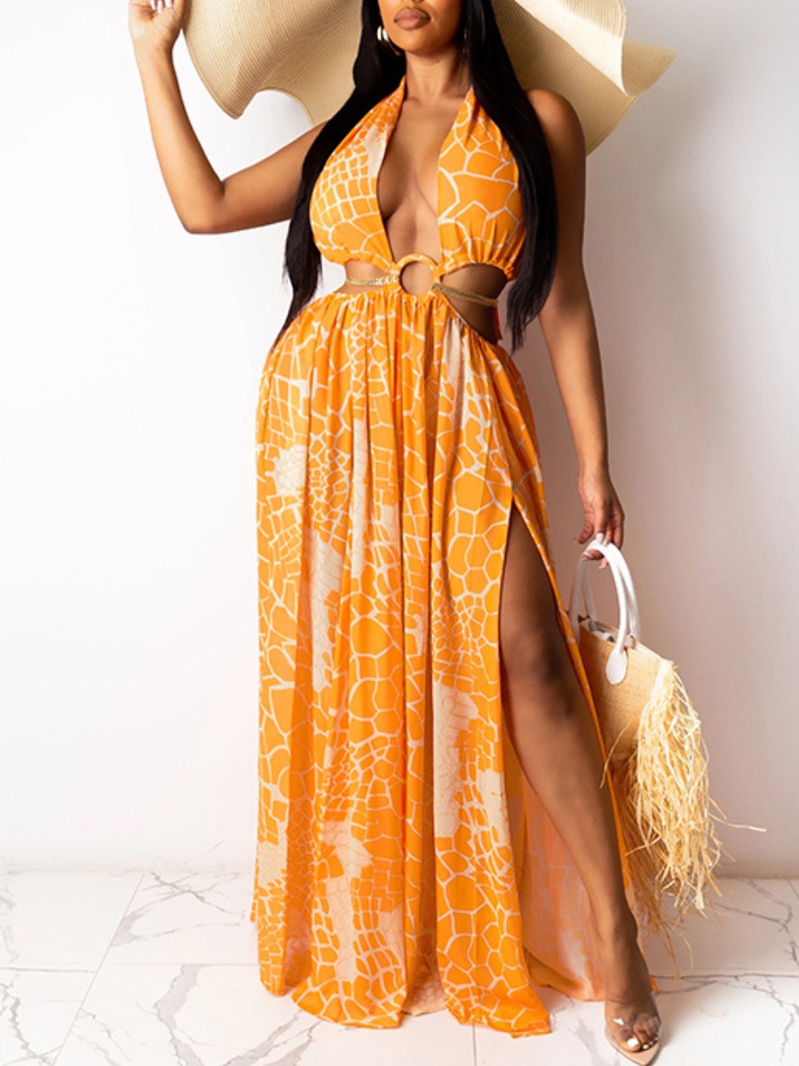 

Lovely Boho Backless Metal Ring Decoration Split Orange Floor Length Dress