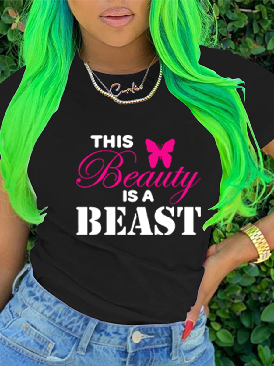 LW Round Neck Butterfly Letter Print T-shirt