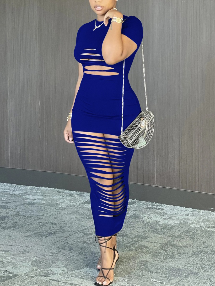 

Lovely Street O Neck Ripped Royalblue Mid Calf Dress
