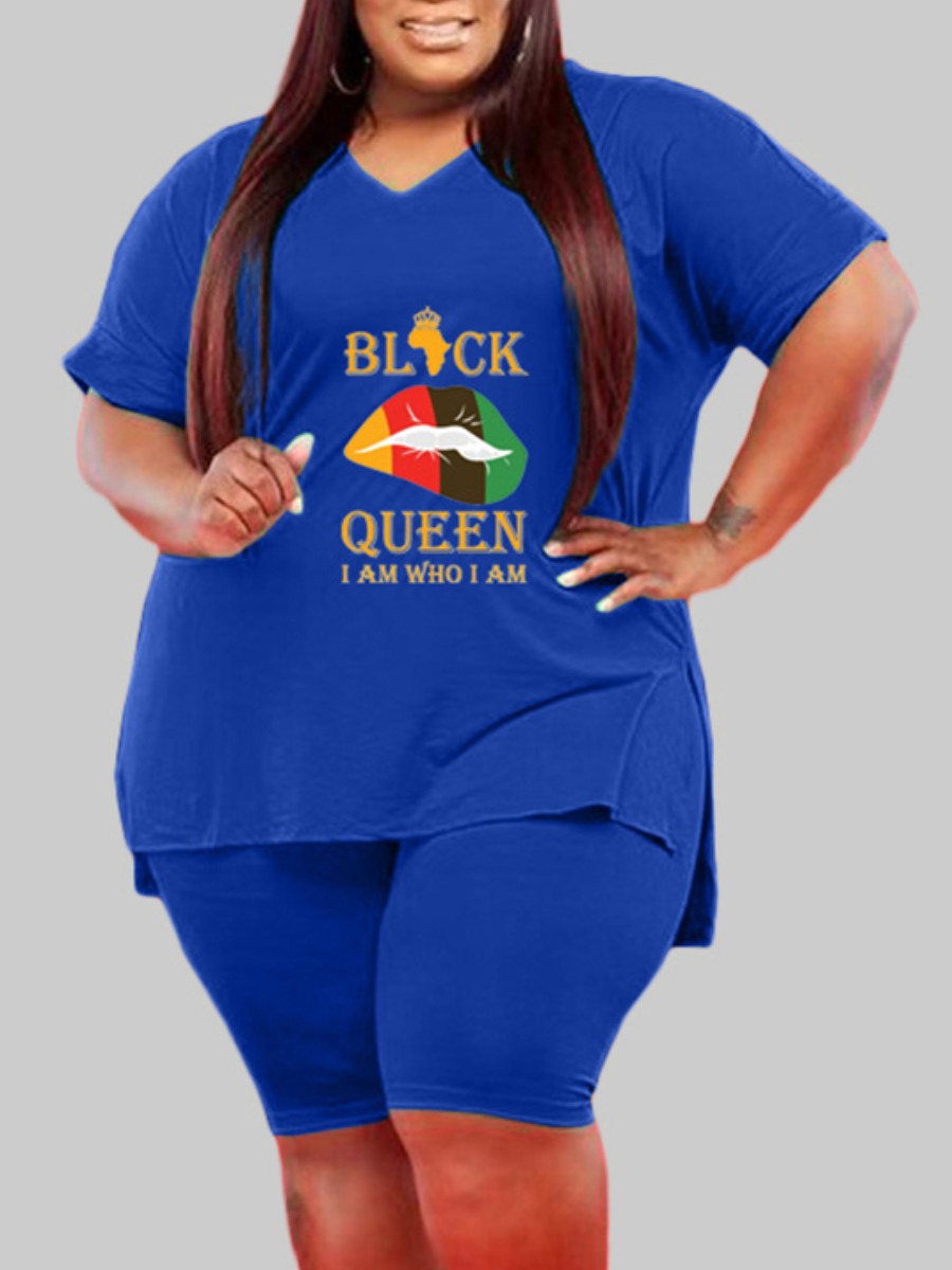 

Lovely Casual Lip Letter Print Split Blue Plus Size Two-piece Shorts Set