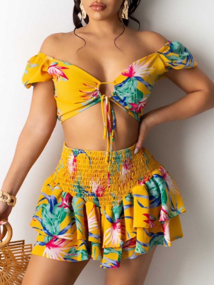 

Lovely Boho Floral Print Flounce Design Yellow Two Piece Skirt Set