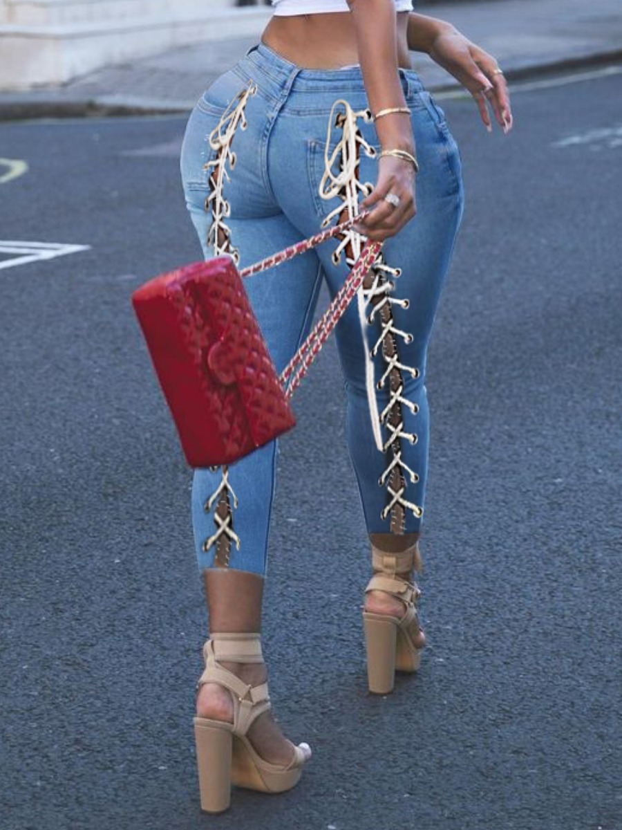 

LW Street Bandage Hollow-out Design Blue Jeans