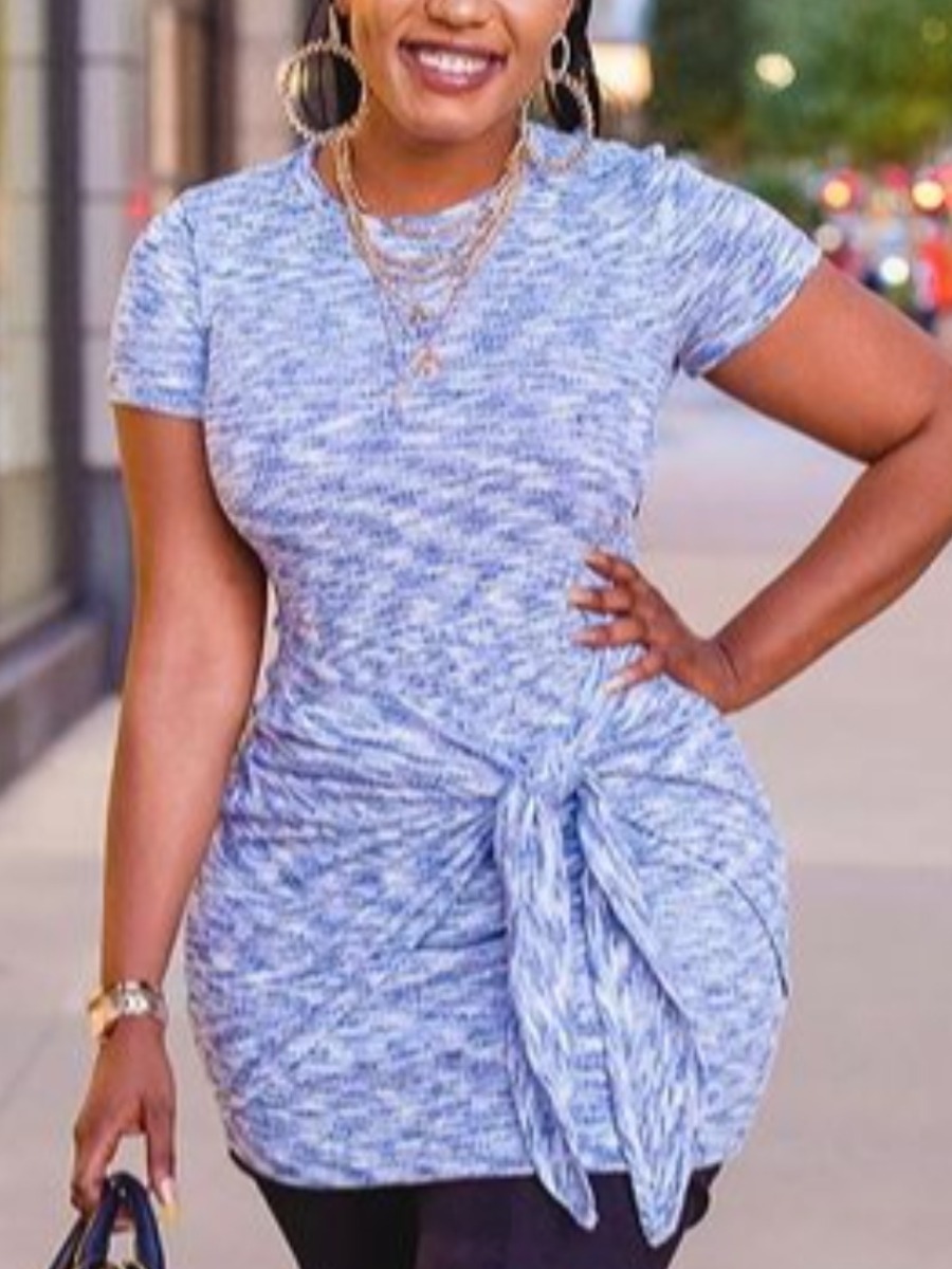 

LW Street O Neck Bandage Design Baby Blue Mini Dress